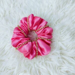 Luxury Satin Stone-Embellished Scrunchie - Pink