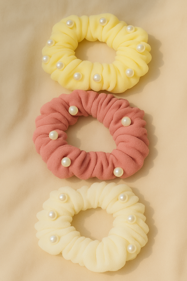 Elegant Pearl-Studded Scrunchie Set – Pastel Collection (3 pcs) - Image 4