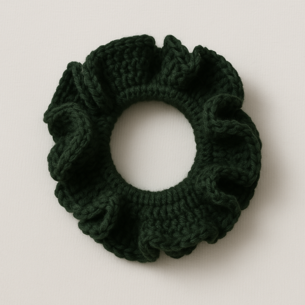 Crochet Ruffle Scrunchie – Deep Forest Green - Image 2