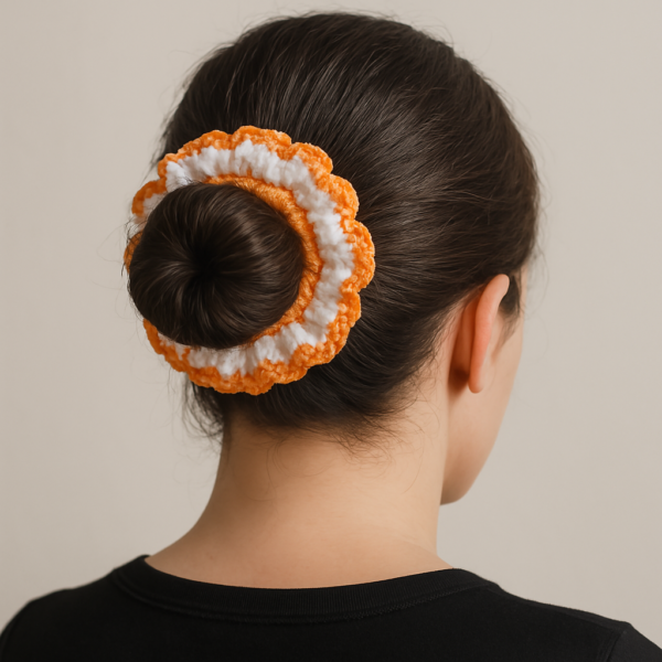 Handmade Crochet Ruffled Scrunchie – Orange & White Hair Tie - Image 2