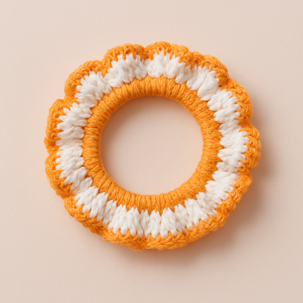Handmade Crochet Ruffled Scrunchie – Orange & White Hair Tie