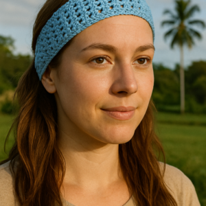 A young woman with fair skin and light brown hair wears a light blue crocheted headband while standing outdoors in a grassy field with palm trees in the background. She looks peaceful and content in natural sunlight.
