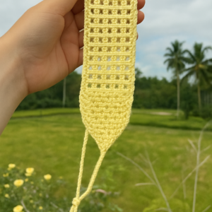 A young woman with fair skin and light brown hair wears a yellow crocheted hairband, standing outdoors in a lush green field with palm trees in the background, under a partly cloudy sky.